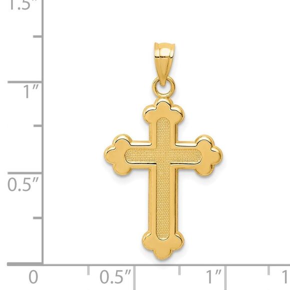 14k Yellow Gold Textured & Polished Budded Cross Pendant, 16 x 30mm